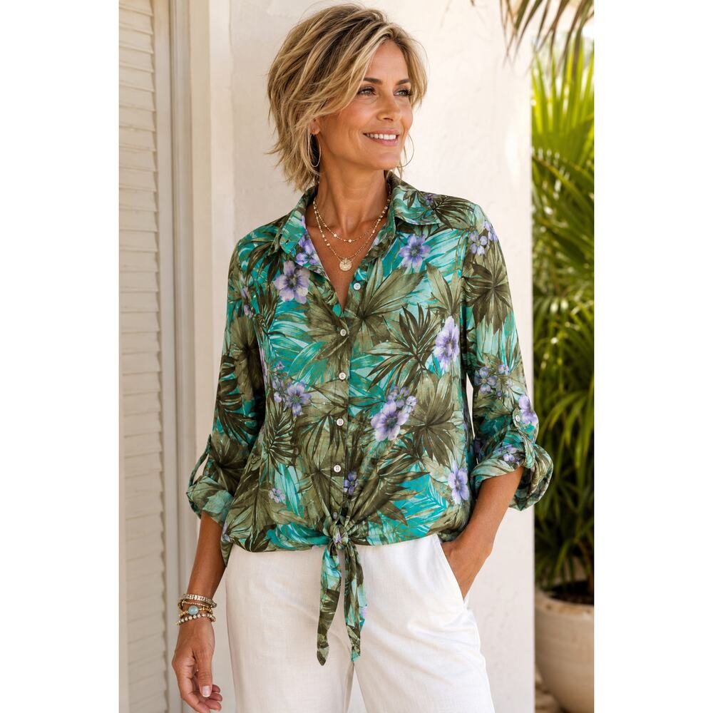 Chico’s Tropical Floral Tie Front Button Up Blouse Women’s Size 1 Rayon Resort